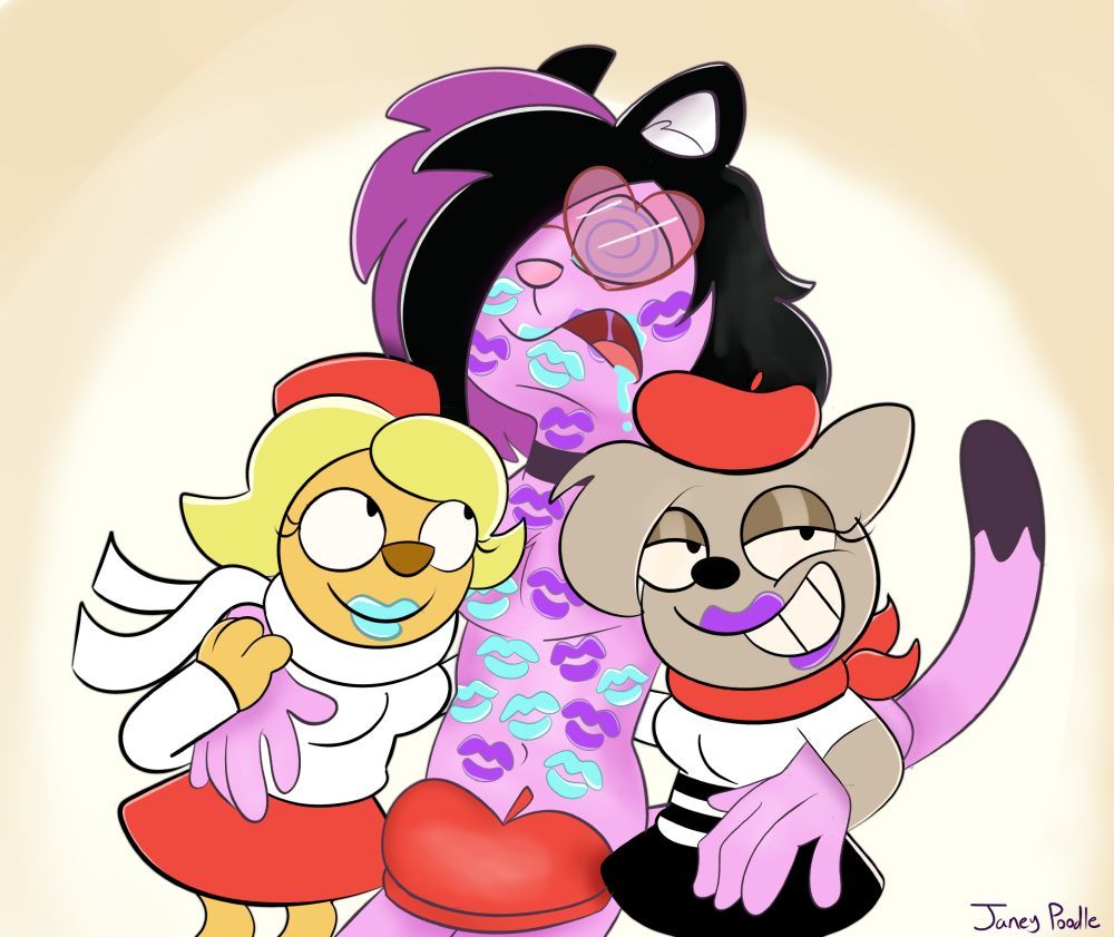 Pink gets kissies from Missy and Hissy