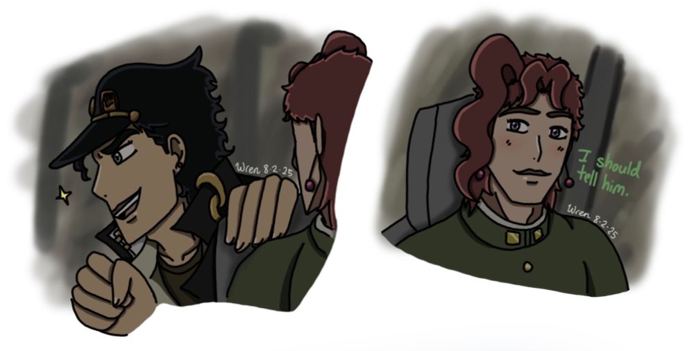 Kakyoin looks on fondly as Jotaro talks excitedly about sumo wrestling during the battle against Wheel of Fortune. Kakyoin thinks, “I should tell him.”