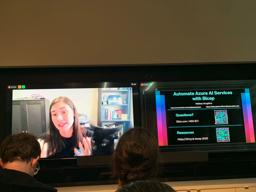 Melissa on the screen joining online with slide titled “Automate Azure AI Services with Bicep"