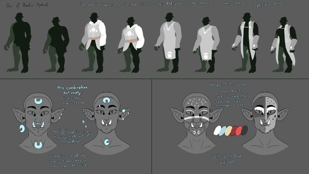 exploration sketches of religious clothing, culturally significant jewelry, and war paint for Orcs in a homebrew campaign. They are from the last remaining Orc settlement in their native area called Handurr Katund and they wear a homebrew metal as religious iconography dedicated to the moon. (if you are a fellow player in my game shh you didn't read that)