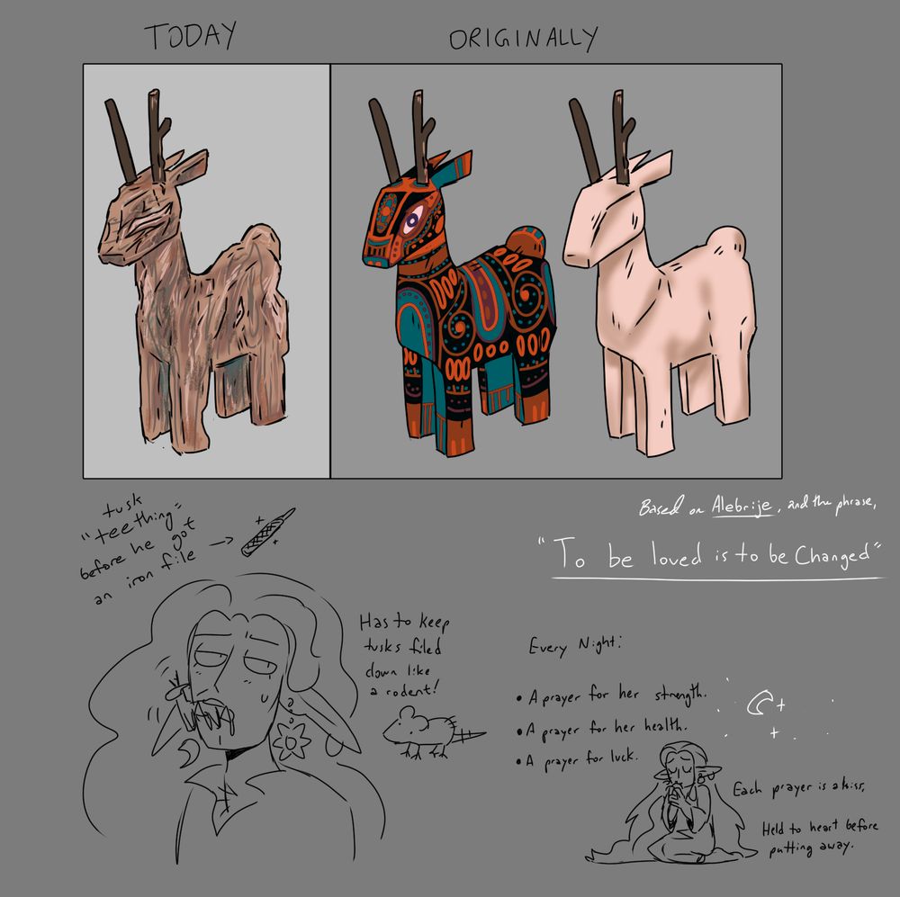 concept drawings of a small wooden deer totem, once beautifully painted but currently is worn down and well loved (chewed). 