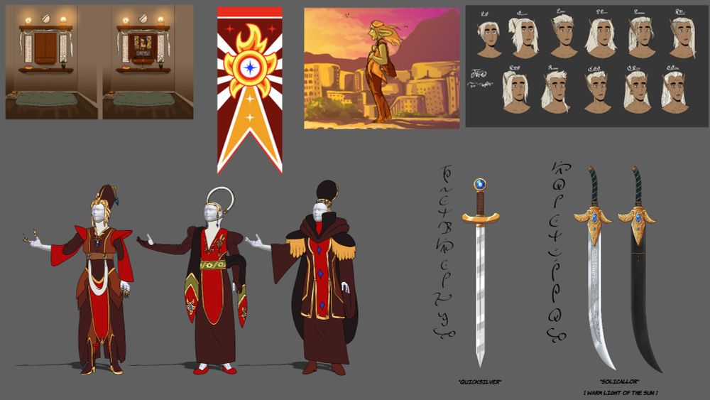 Cultural explorations for a Summer Court colony city called A'ton Solaris in a homebrew campaign. The city is pretty much (unfortunately) an ethnostate comprised entirely of Sun Elves, and is trying to eradicate the native Orc population in their area. Player character's father is shown in the top right with his change in hair styles over the course of 670 years starting at age 15. The bottom left are explorations for the City Council garb. Bottom right are 2 swords, both named. 
