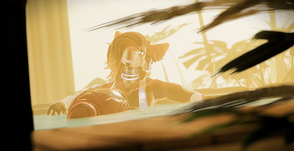 Red and white sergal wearing a shiny gold sling bikini sits in a hot tub, his massive hypercock bobbing up out of the water in front of him. He has a smug/smarmy look on his face, looking toward the viewer