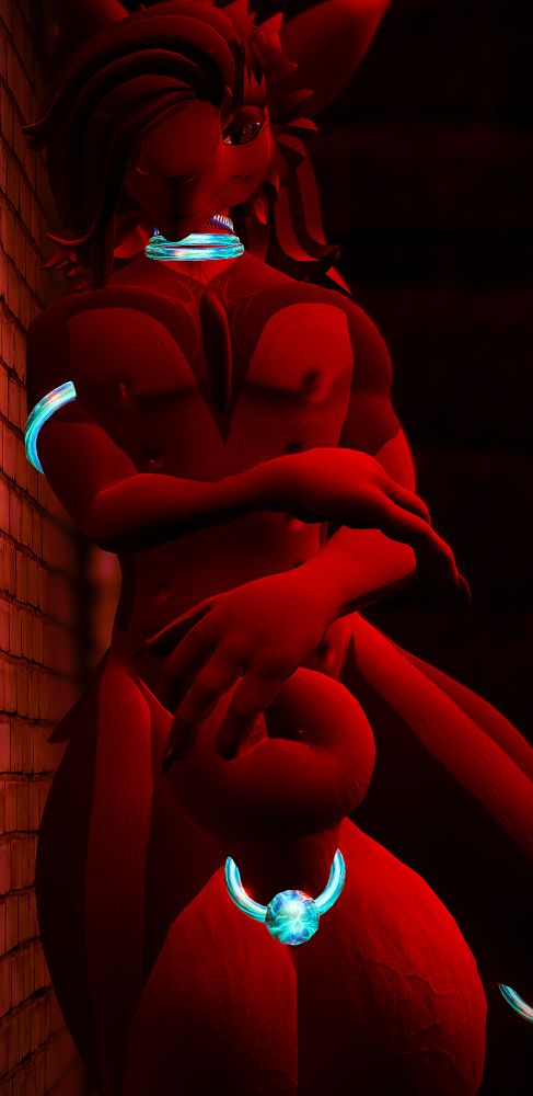 Sage, a red and white sergal, stands alone in the dark, dimly lit by a red light. He is leaning against a wall with his arms crossed in front of him around his midriff. One hand wanders down and teases the opening of his sheath.