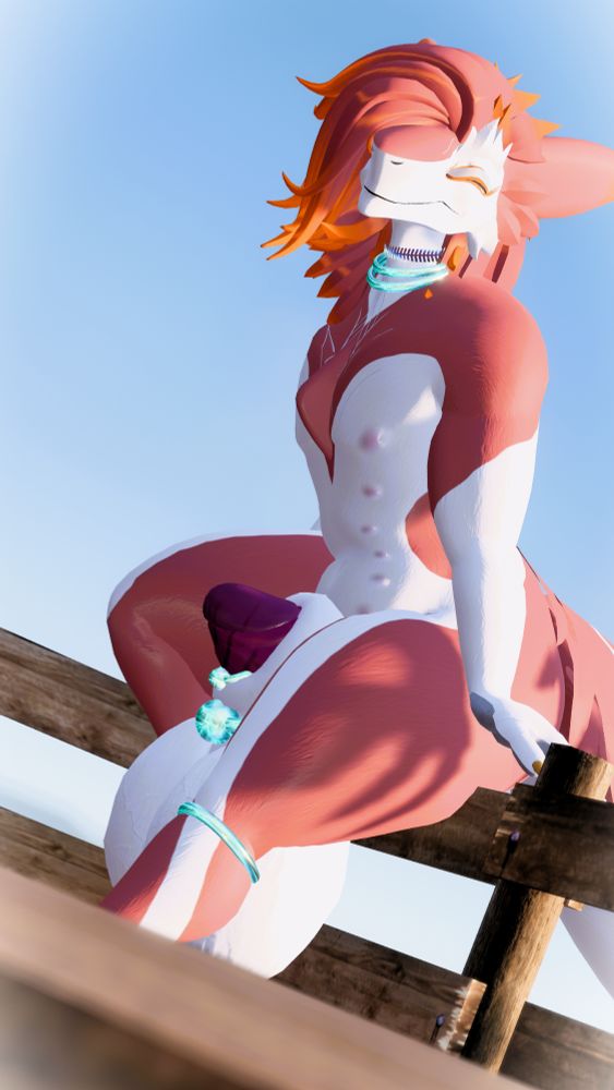 A red and white sergal with a dozen nipples leans, nude, back on a boardwalk railing, with a closed eye smile toward the viewer. Bright summer sun paints over his body, which casts a pleasing shade over his large, soft sheath, with the tip of his cock peeking out, and his beachball sized nuts dangling below. His warm body tones pop against the bright blue sky.