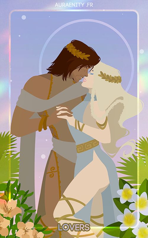 Tarot card : The lovers, with my original characters Dolvan & Nyrea. Nyrea (woman) has long wavy polar blonde hair, is wearing a light blue dress and golden jelwery & laurel crown. Dolvan (man) has tan skin and red, half-long hair is wearing a beige toga and white scarf, gold details and laurel crown.