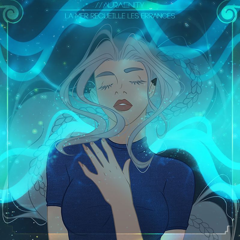 Drawing of a woman laying in the sea & sand, glowing waves under her. She has long hair in a braided ponytail & wears a blue short sleeve dress. 