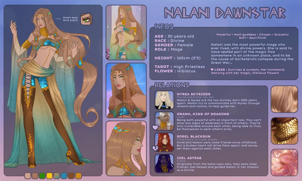 Character sheet of Nalani, a woman with light skin, long strawberry blonde hair and blue/green/beige outfit with gold dragon scales jewelry.