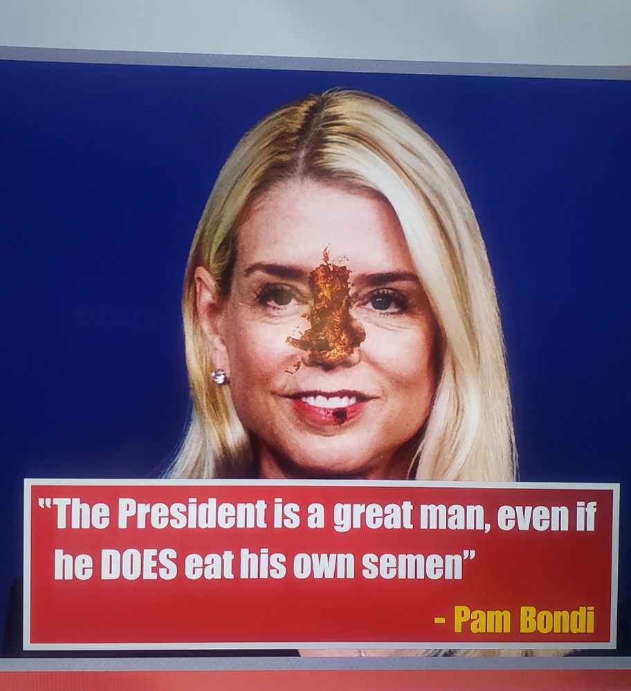 Picture of Pam Bondi from the South Park Episode "The Woman in the Hat", with literal shit smeared all over her nose and face.  

Captioned: "The President is a great man, even if he DOES eat his own semen"