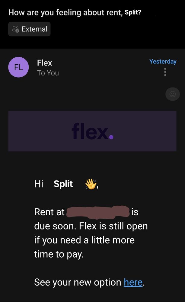 A screenshot of an email from a company called Flex. The subject line reads, "How are you feeling about rent, Split?" The email body reads, "Hi Split 👋, Rent at [censored] is due soon. Flex is still open if you need a little more time to pay. See your new option here."