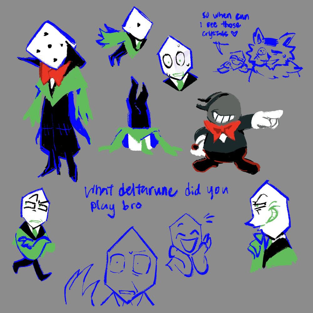 Assorted doodles of Battat(Green Pippins and Small Mike). Notably, on the left is a taller version with his face stuck on a 5 and a mantle. His pants are seemingly stitched to be extended and have ridiculously high heels that go under the pants. There is also a drawing of him leaning on the counter with a shit-eating grin saying “so when can i see those crystals (heart emoji here)” to Seam.