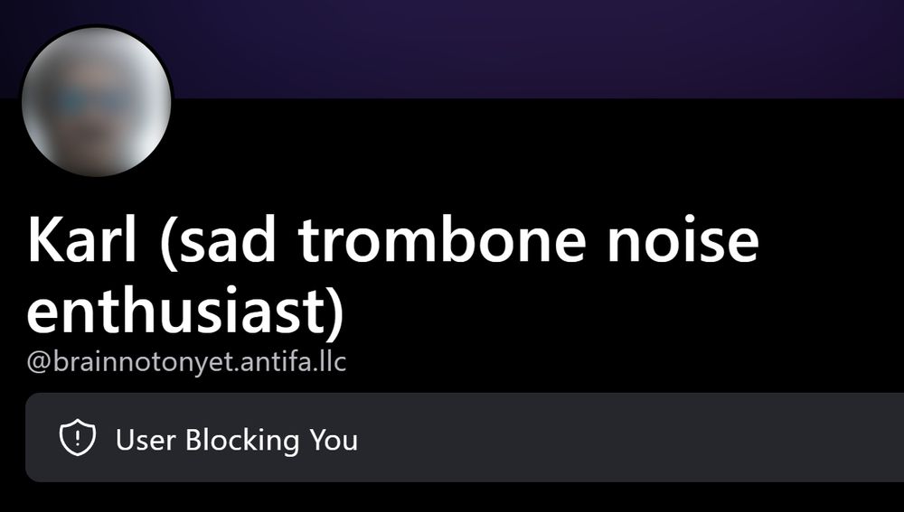 Karl (sad trombone noise enthusiast)
@brainnotonyet.antifa.llc

User Blocking You