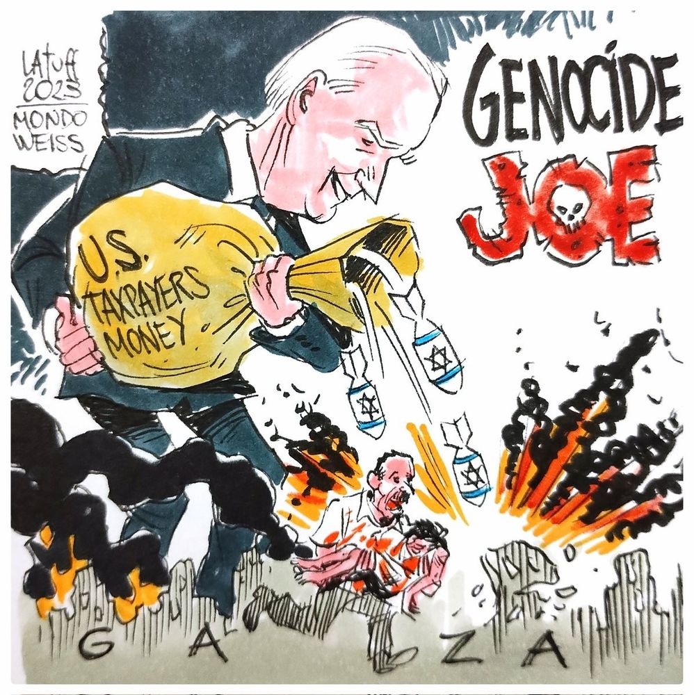 Art by Carlos Latuff - Caricature of Biden leveling Gaza with a bag of taxpayer-funded Israeli bombs