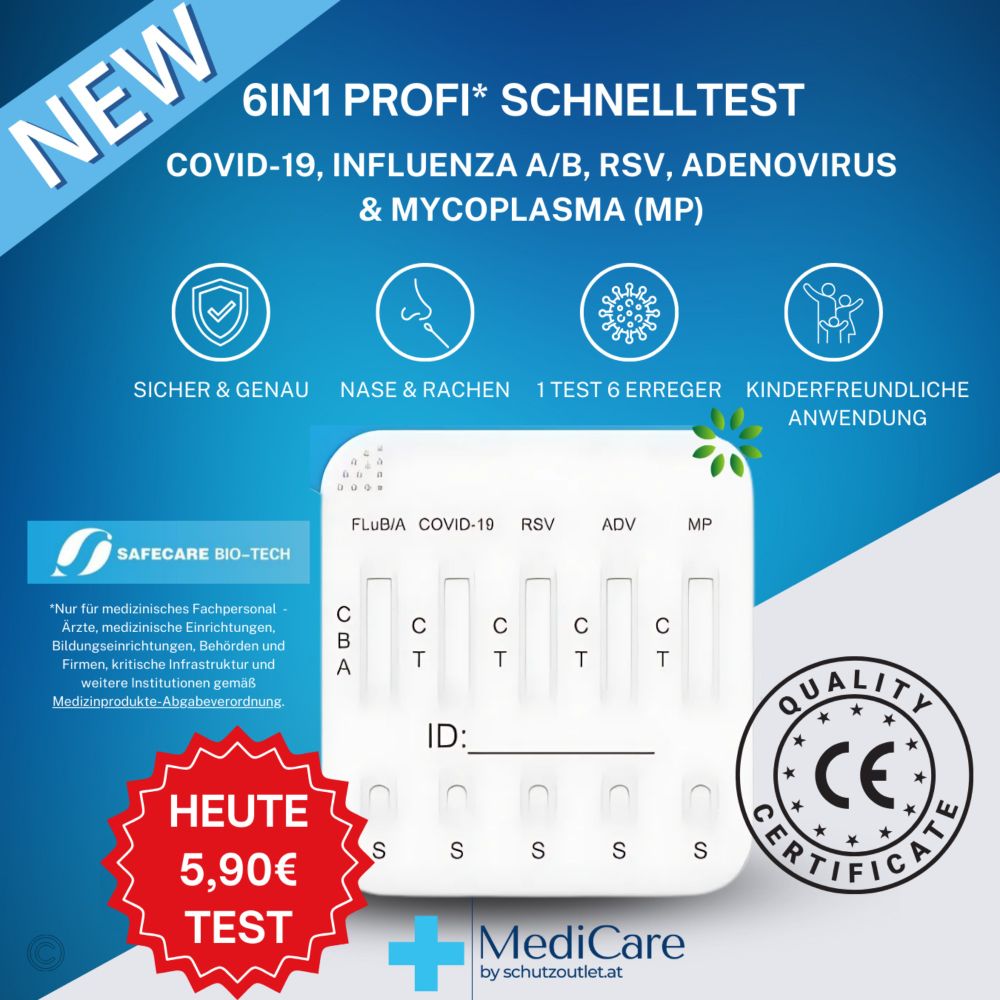 Safecare 6in1  Profi Antigen Combo Test für COVID-19 (Corona), Grippe A/B, RSV, Adenovirus & Mycoplasma + Gratis NANOVIO FFP2