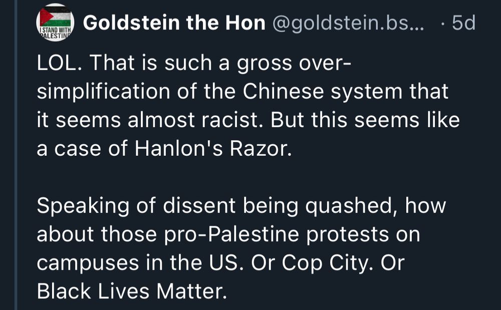 Tankie defending Chinese repression by pointing at protests in the United States.