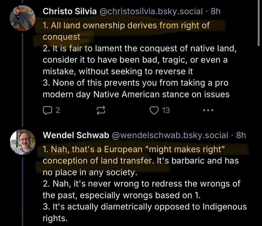 One post said that all land ownership derives from conquest, to which the above poster said that’s a European conception of land transfer.