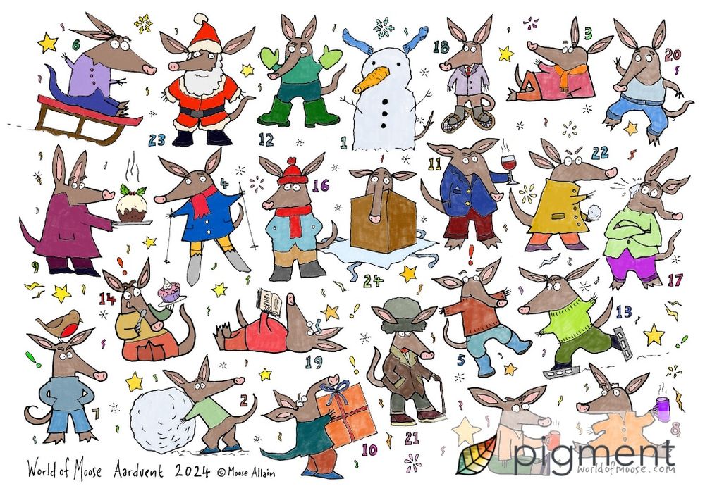 An advent calendar made up of 24 moose in different poses, coloured on an iPad. 