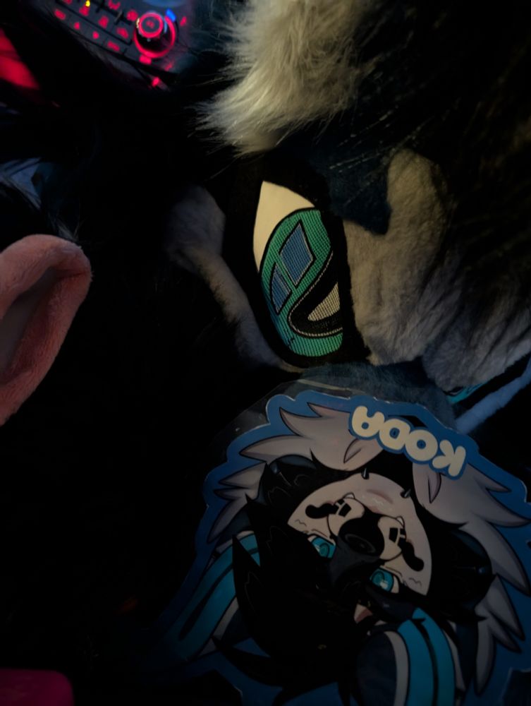 my fursuit koda with his badge on his muzzle 