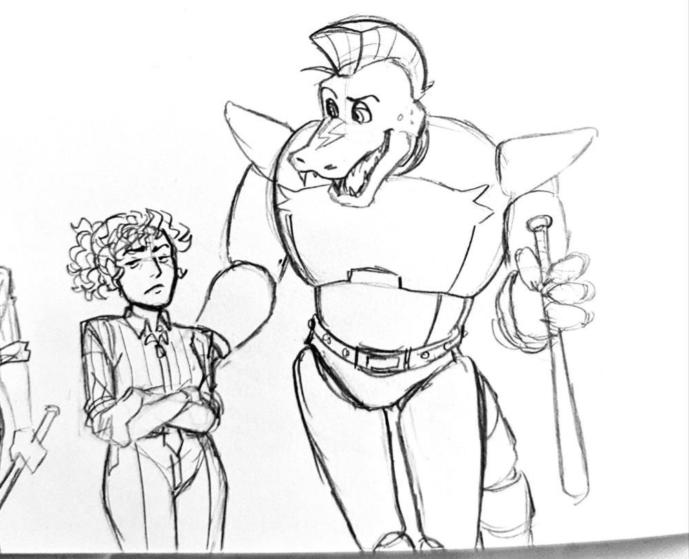 Waist shot of Monty holding my night guard's baseball bat with a smug smile, patting her back while her arms are crossed and rolling her eyes