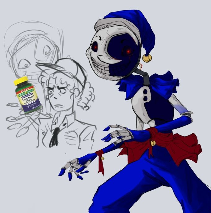 Two doodles, one on the left of Moon evily looming over a night guard holding a JPEG of melatonin in his hand. The doodle on the left is fully colored of him posing with his arms in front of him, standing slightly to the side. 
