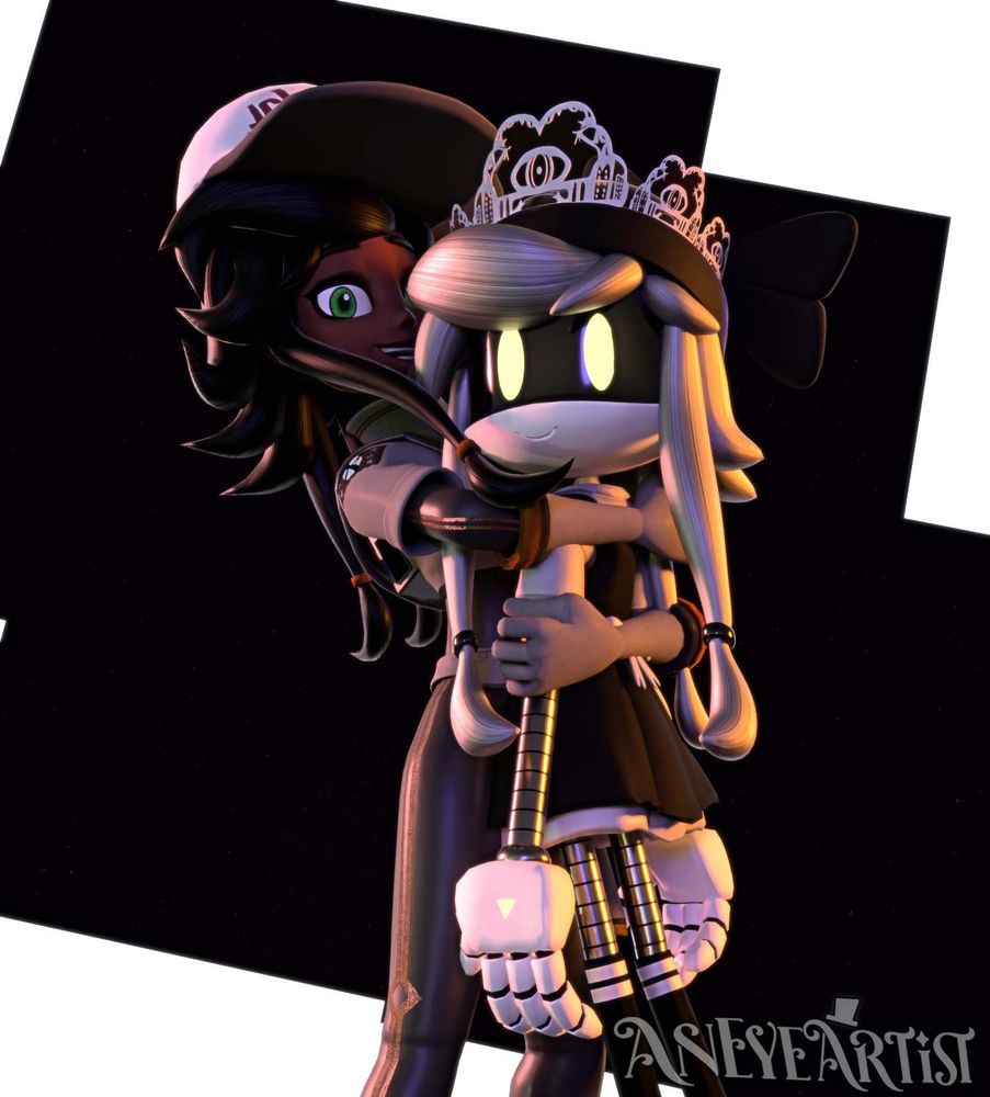 human tessa holding cyn as the both of them look at the camera, background contains a few space textures behind them