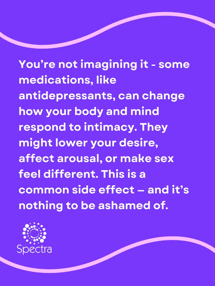 Text about medications affecting intimacy, stating it's a common side effect and not shameful. Spectra logo at the bottom.