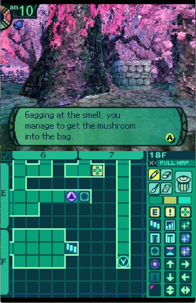 Etrian Odyssey 2 screenshot. "Gagging at the smell, you manage to get the mushroom into the bag."