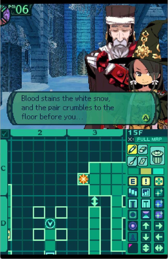 Etrian Odyssey 2 screenshot. "Blood stainds the white snow, and the pair crumbles to the floor before you..."