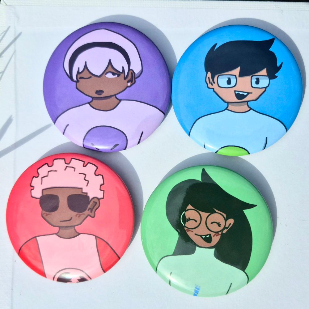 Pins of Rose Lalonde, John Egbert, Dave Strider, and Jade Harley.