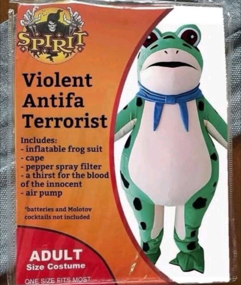 A packaged inflatable frog costume humorously labeled as a Violent Antifa Terrorist, including a cape and an air pump, is shown with a parody description.