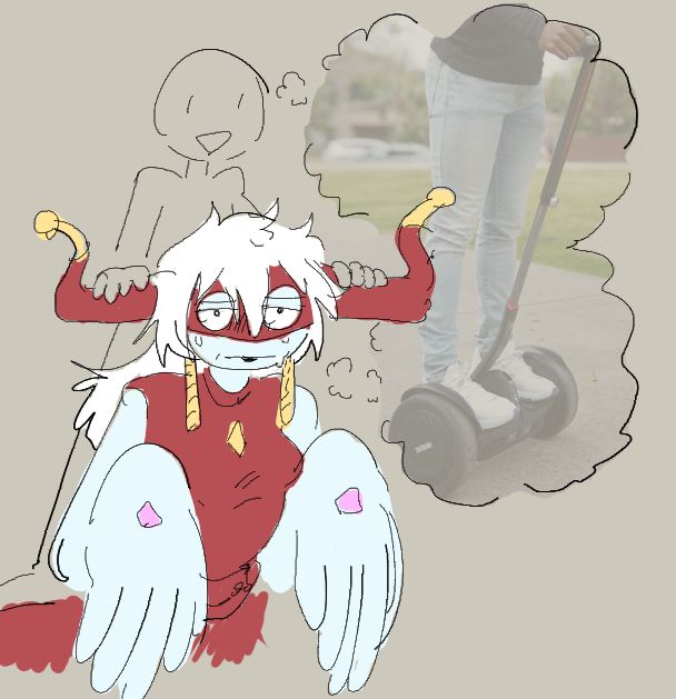 a tamer riding his partner archnemon as shown in the digiride update. both are imagining a segway scooter, but with differing feelings about it