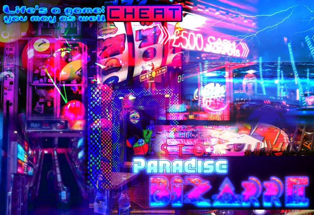 paradise bizarre mood board, featuring casino/arcade aesthetics with neons and tropics