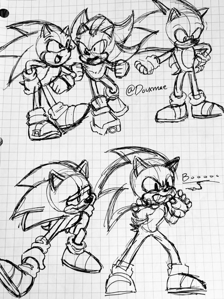 Various pen sketches of Sonic stretching, arguing with Shadow, pretending to scare someone, and holding Blaze’s hand (Blaze not pictured).