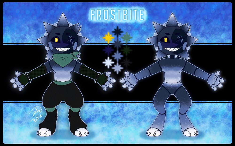A character sheet showing a clothed and unclothed character with a blue and soft green color pallet. The character is robotic, with rays around their head and golden eyes, with a body that’s textured to look like powdered snow. At the top the word ‘Frostbite’ is written.