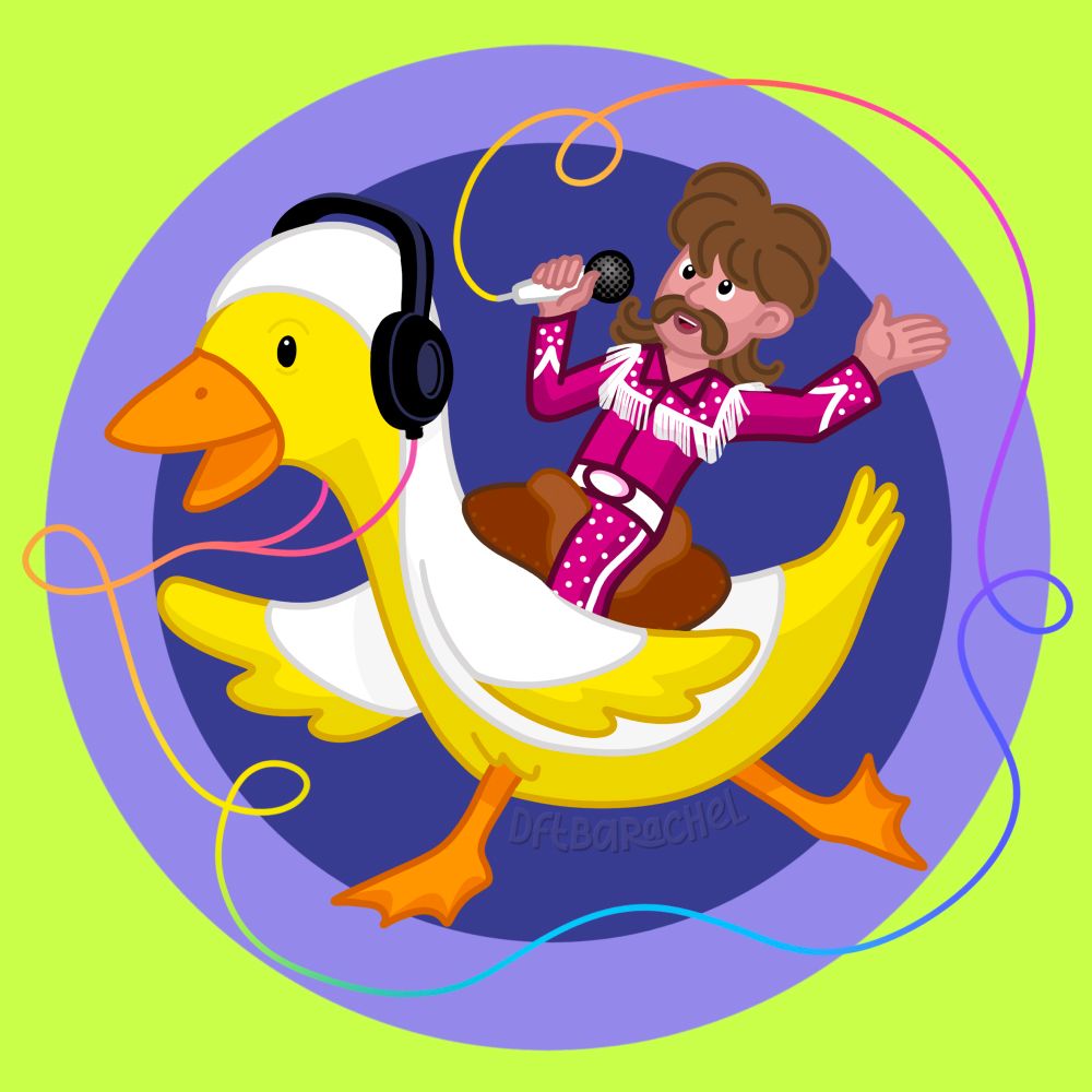 illustration of silly ray cyrus riding a big yellow duck named dr billiam feathersby, feathersby’s headphones have a rainbow cord that squiggles around the edge of the image and connects to silly rays microphone