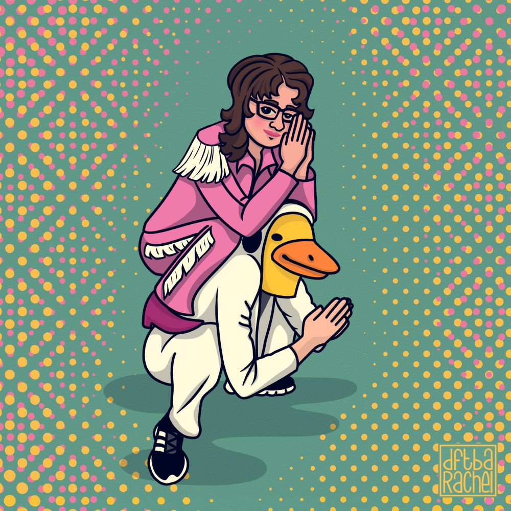 drawing of Silly Ray Cyrus and Dr. Billiam Feathersby, Billiam is crouched down and silly ray is standing on his knees crouched above him, kind of a crouched piggyback ride. their hands are in a praying position. this is a strange and funny pose that’s hard to describe.