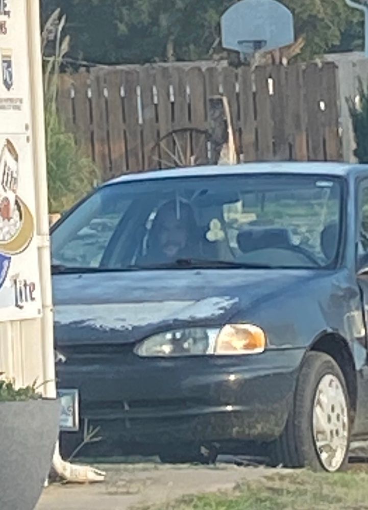 zoomed in photo of a parked car with a cardboard cutout of jason momoa in the passenger seat
