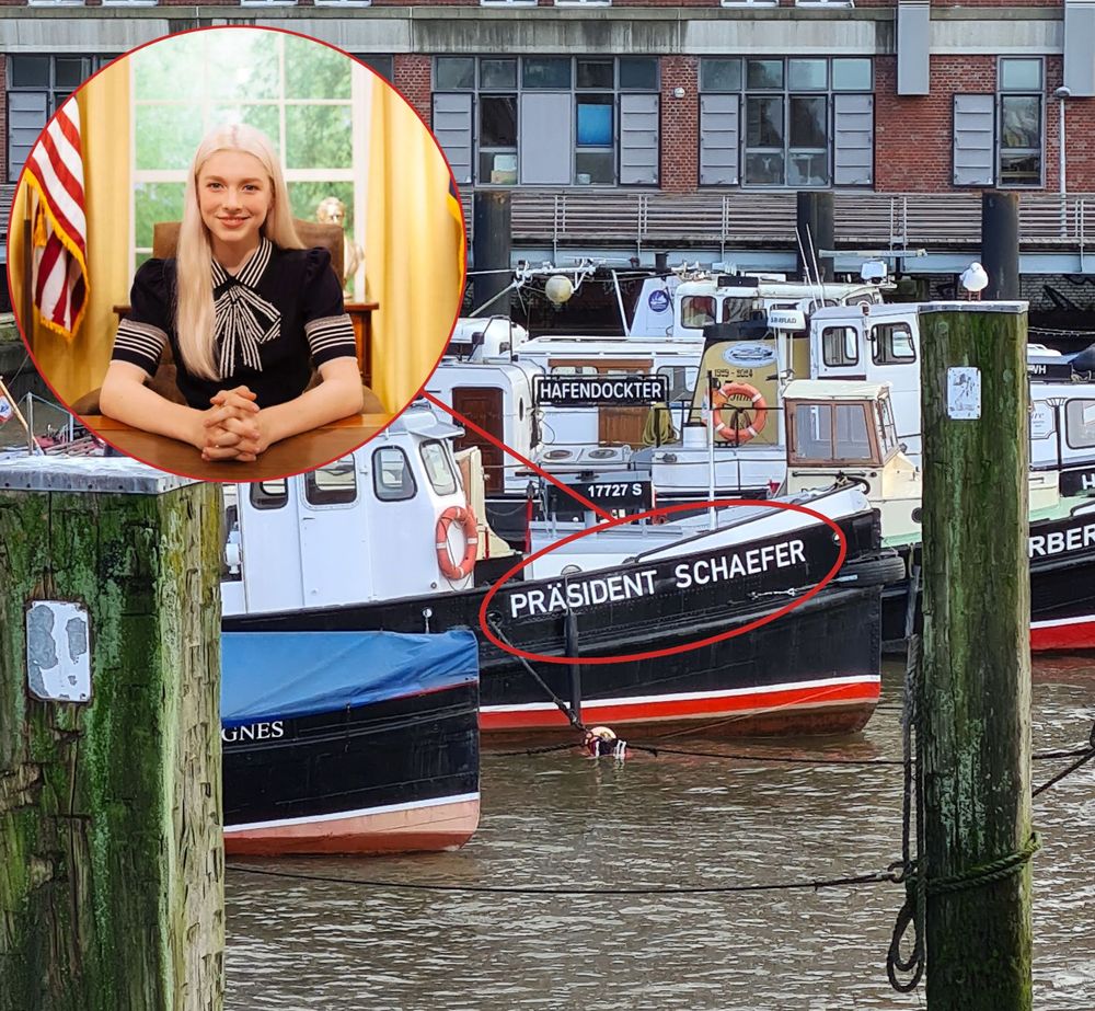 a boat called "präsident schaefer" next to a picture of hunter schafer