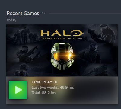 a screenshot showing my recent hours on halo: the master chief collection. out of my 88.2hrs total on the game, 48.9 hours come from the last two weeks. oops :3