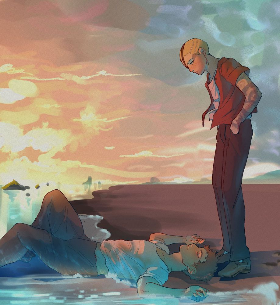 Hajime lying in the shore, wearing a white t shirt and dark pants. He looks passively up at Fuyuhiko, who is standing in a red shirt and dark pants, looking down at Hajime. The sky is a pale orange and teal.