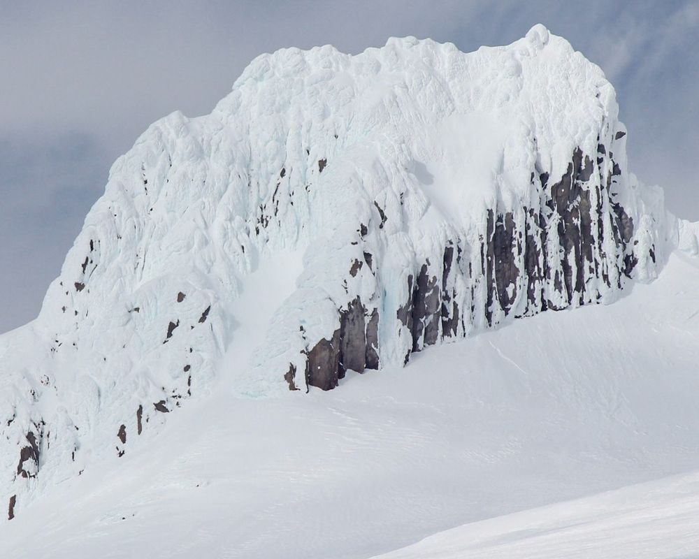 A photo of a huge rock prominence on Mount Hood, Oregon, called Illumination Rock. It's about 240 feet tall, and in this winter photo, it is almost completely covered in rime ice. The ice has a pillowy look to it, and is white. The background sky is grey from cloud cover. Below The Rock, the entire mountainside landscape is covered in deep snow. Part of the base of the rock is exposed from about the middle of the base, increasing toward the right side. It appears to be great dark columns, with ice and huge icicles. The entire photo is on a slope tilted from lower left corner to middle right side.