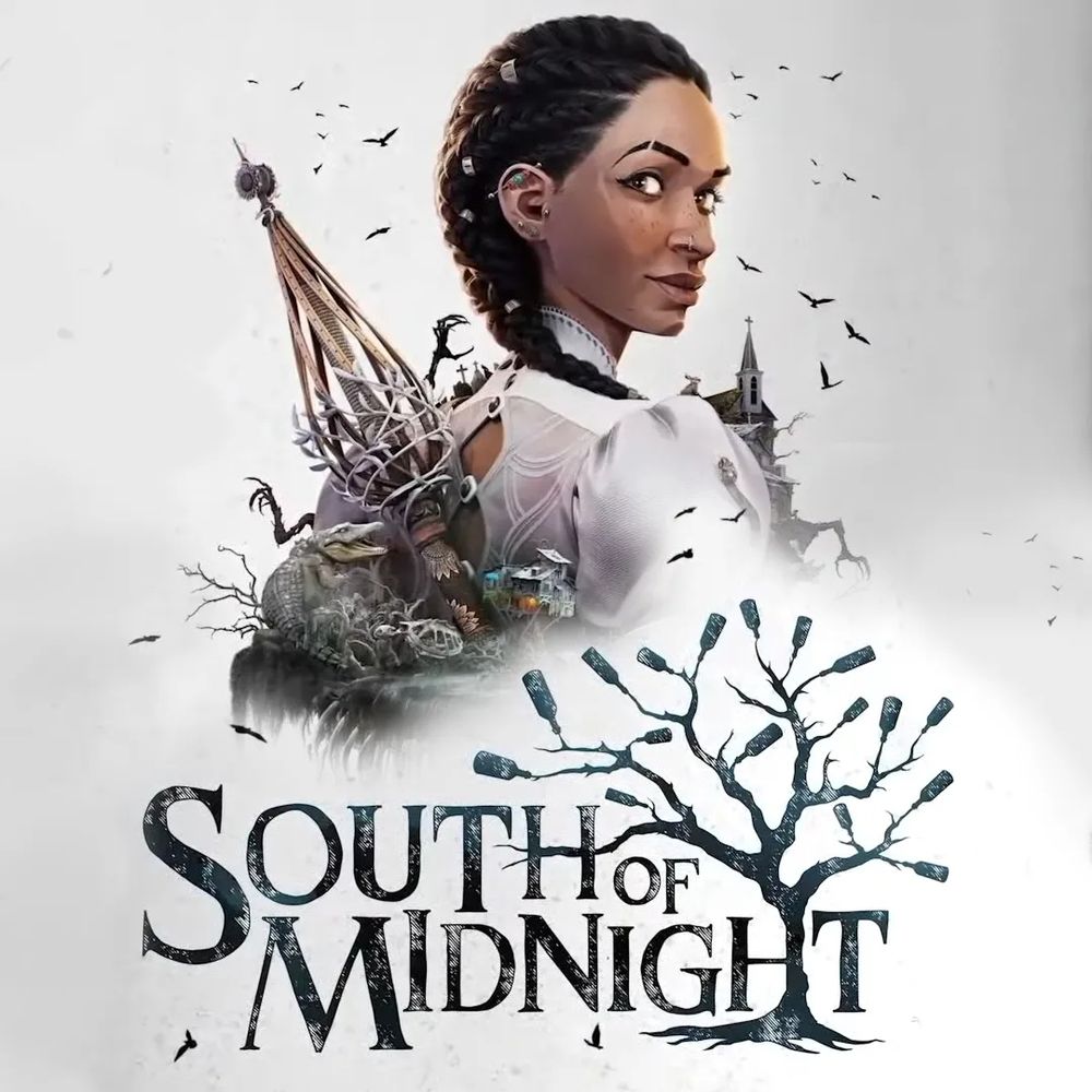 Key art for South of Midnight. The top half of the image features a portrait of the game's main character, a young woman with her hair in braids. She's wearing a white shirt and has a piercing on her nose. Below her, the game's title, "South of Midnight," is prominently displayed in a bold, stylized font. To the right of the title there is a bare, gnarled tree with what appear to be glass bottles hanging from its branches.