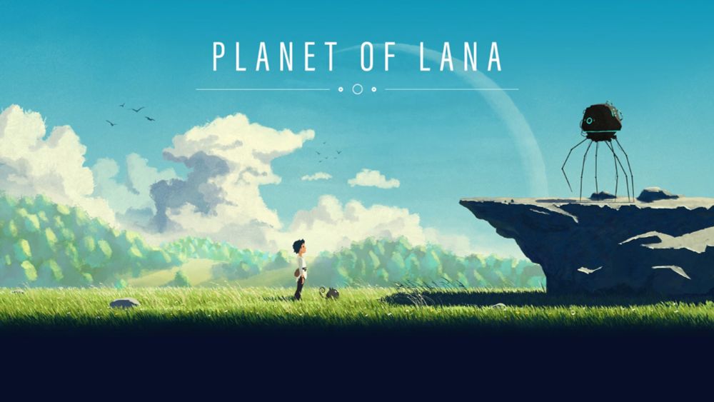 Title screen for the video game "PLANET OF LANA". The title is written in white letters. A beautifully rendered landscape scene with a clear, minimalist aesthetic. A young human figure is standing in the grass, facing right. On the right side is a rocky cliff. On top of this cliff stands a large, mechanical creature resembling a spider.