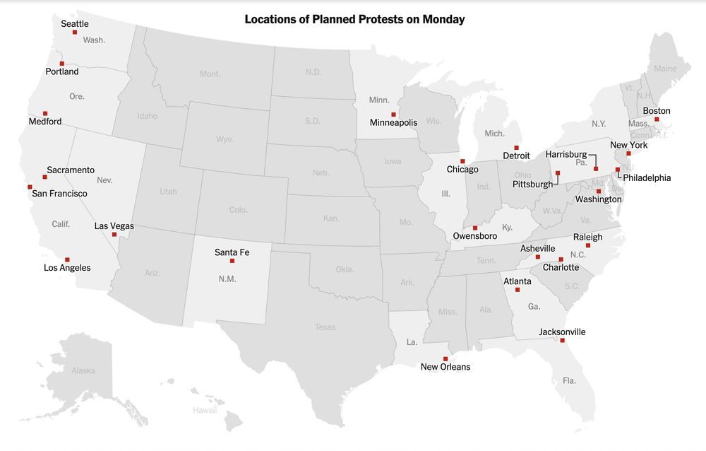 A map of the US reading "Locations of planned protests on Monday."