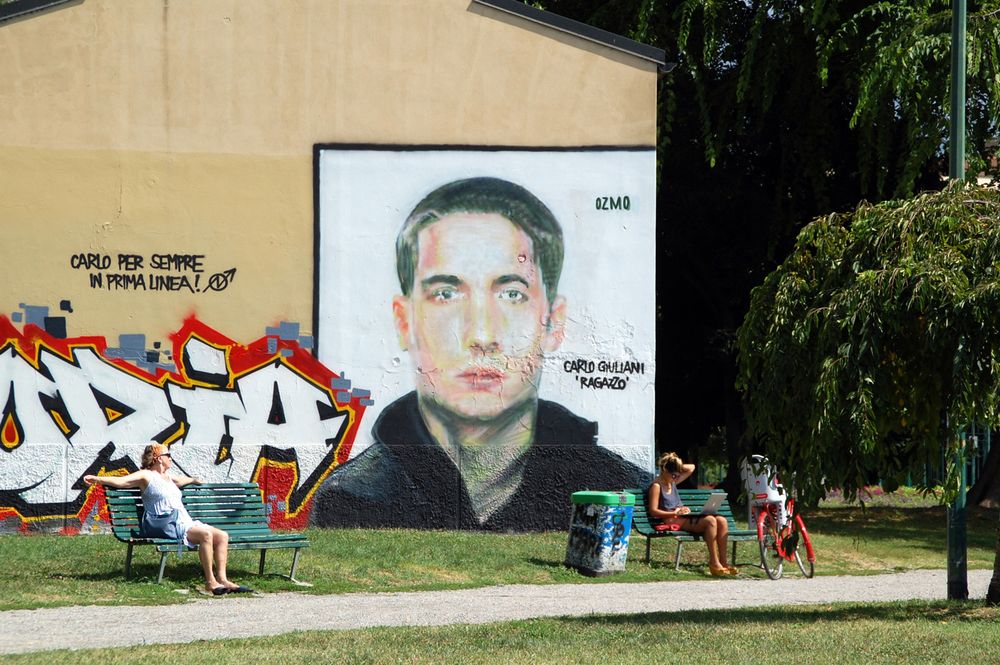 A mural depicting Carlo Giuliani in Piazza Vetra, Milan, Italy.