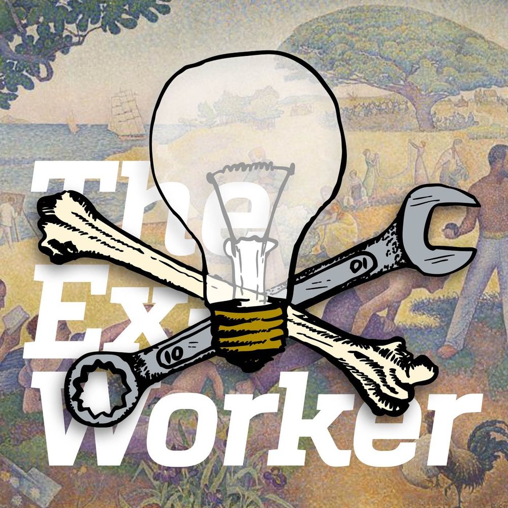 The logo of the Ex-Worker podcast over a 19th-century anarchist neo-impressionist painting depicting an idyllic life in a post-revolutionary society.