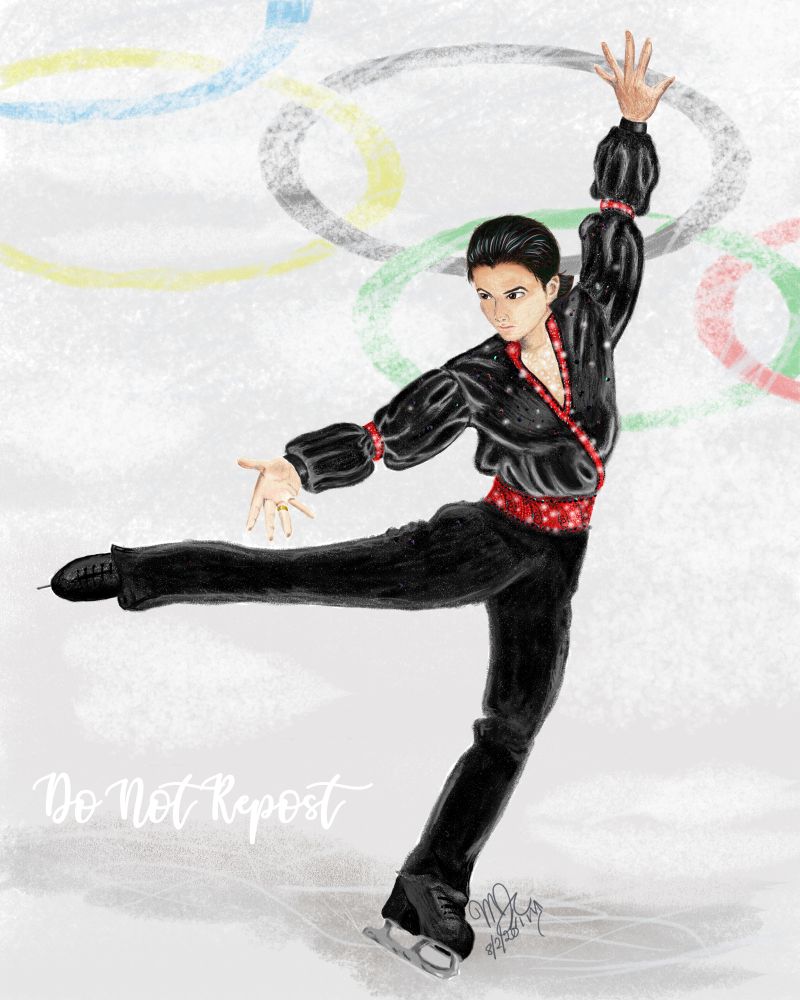 My drawing of Yuri Katsuki from the anime Yuri On Ice, skating at the 2018 Winter Olympics in a scene from my fanfic "Let Me Fall For You". He is wearing black velvet stretch pants and a black satin flowing shirt that wraps around the front with a red satin trim, and matching red satin sash at the waist.