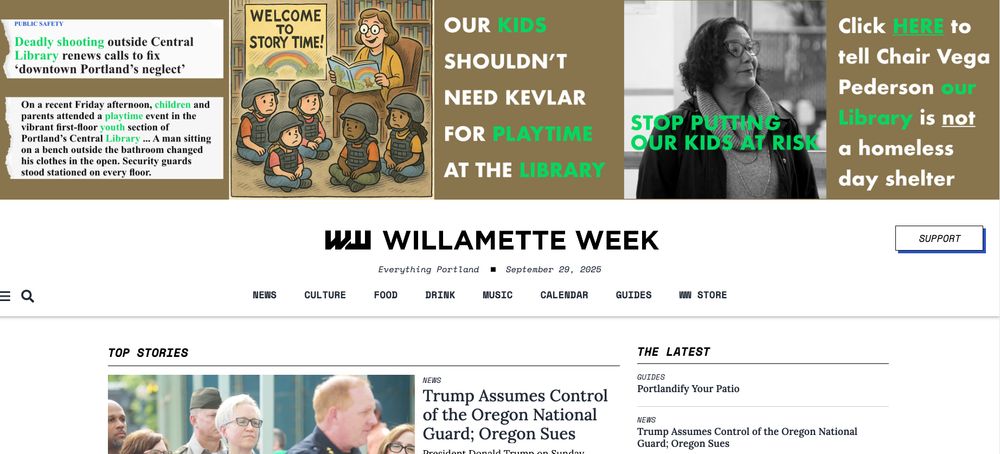 An ad with AI art of storytime at a library with children in kevlar vests and helmets alongside a picture of JVP. The captions say "OUR KIDS SHOULDN'T NEED KEVLAR FOR PLAYTIME AT THE LIBRARY. STOP PUTTING OUR KIDS AT RISK. Click HERE to tell Chair Vega Pederson our Library is not a homeless day shelter."