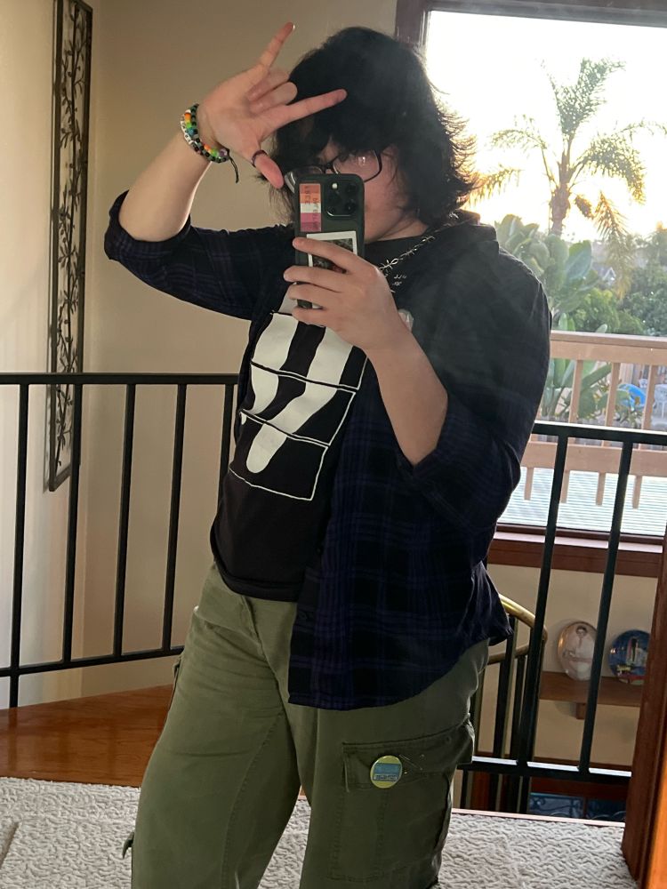A mirror selfie of Prisma, holding up the ASL sign for “I love you” while hiding his face behind his hair and his phone. On one of his pants’ pocket flaps opposite of the carabiner is a button pin that says “Hello, I’m: friendlier than I look (I promise!)” and two crossing safety pins. His green phone and clear case has a lesbian flag sticker with “FREE PALESTINE” written in all caps and a sentimental polaroid photo below that.

Behind Prisma on a shelf is a decorative plate depicting Princess Diana. It is not at all important to the outfit, but is still meaningful to Prisma, so he will continue to describe the plate’s presence in his mirror selfies.