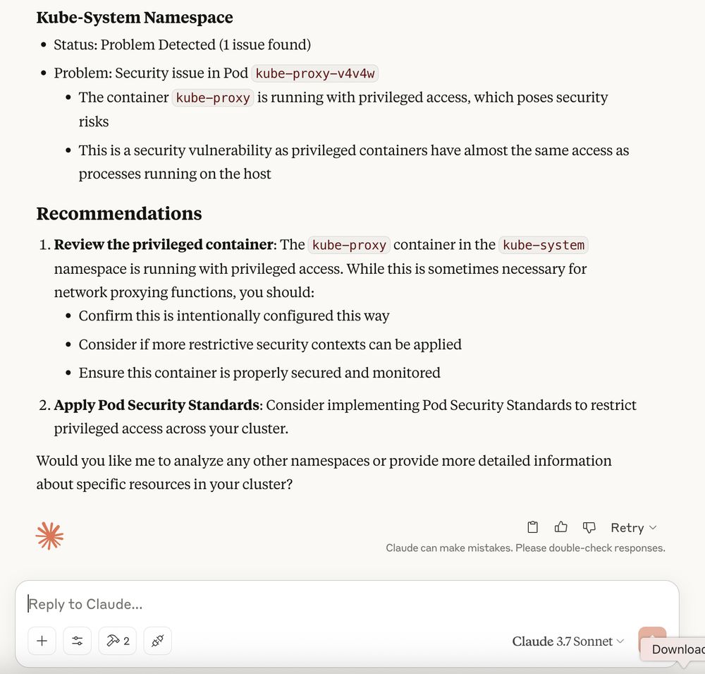 Claude running k8sgpt analysis to show isuses in a kubernetes cluster